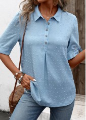 Button Denim Blue Half Sleeve Shirt Collar Blouse