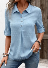 Button Denim Blue Half Sleeve Shirt Collar Blouse