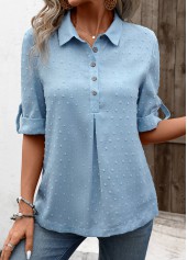 Button Denim Blue Half Sleeve Shirt Collar Blouse