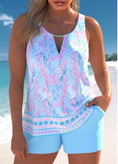 Floral Print Cut Out Light Blue Tankini Set
