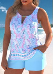 Floral Print Cut Out Light Blue Tankini Set