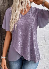 Cross Hem Dusty Purple Short Sleeve V Neck Blouse