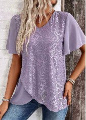 Cross Hem Dusty Purple Short Sleeve V Neck Blouse