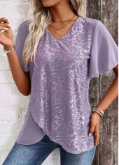 Cross Hem Dusty Purple Short Sleeve V Neck Blouse
