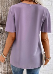 Cross Hem Dusty Purple Short Sleeve V Neck Blouse