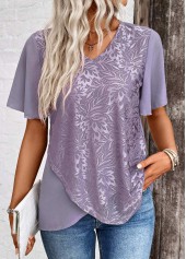Cross Hem Dusty Purple Short Sleeve V Neck Blouse