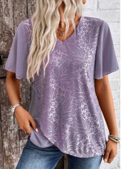 Cross Hem Dusty Purple Short Sleeve V Neck Blouse