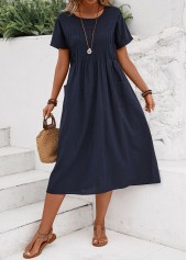 Tuck Stitch Navy Short Sleeve Round Neck Dress
