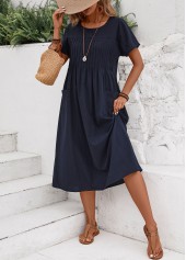 Tuck Stitch Navy Short Sleeve Round Neck Dress