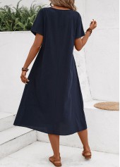 Tuck Stitch Navy Short Sleeve Round Neck Dress