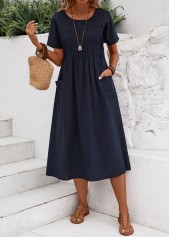 Tuck Stitch Navy Short Sleeve Round Neck Dress