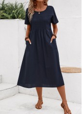 Tuck Stitch Navy Short Sleeve Round Neck Dress