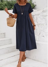 Tuck Stitch Navy Short Sleeve Round Neck Dress