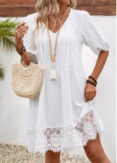 Lace White Half Sleeve V Neck Shift Dress