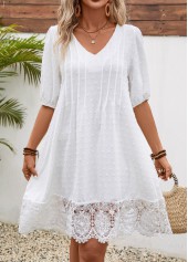 Lace White Half Sleeve V Neck Shift Dress