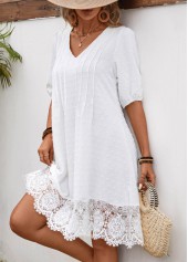 Lace White Half Sleeve V Neck Shift Dress