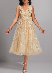 Embroidery Champagne Sleeveless V Neck Dress
