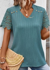 Lace Turquoise Short Sleeve Split Neck Blouse