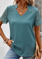 Lace Turquoise Short Sleeve Split Neck Blouse