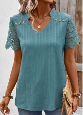 Lace Turquoise Short Sleeve Split Neck Blouse