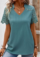 Lace Turquoise Short Sleeve Split Neck Blouse
