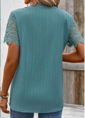 Lace Turquoise Short Sleeve Split Neck Blouse