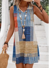 Geometric Print Lightweight Multi Color Short Sleeveless Shift Dress