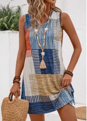 Geometric Print Lightweight Multi Color Short Sleeveless Shift Dress