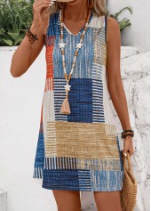 Geometric Print Lightweight Multi Color Short Sleeveless Shift Dress