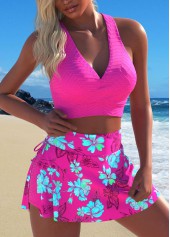 Floral Print Criss Cross Neon Rose Red Bikini Set