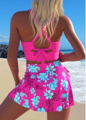 Floral Print Criss Cross Neon Rose Red Bikini Set