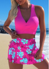 Floral Print Criss Cross Neon Rose Red Bikini Set