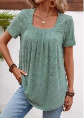 Pleated Sage Green Short Sleeve Square Neck T Shirt