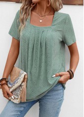 Pleated Sage Green Short Sleeve Square Neck T Shirt