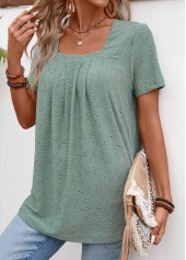 Pleated Sage Green Short Sleeve Square Neck T Shirt