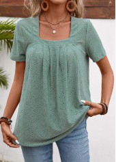 Pleated Sage Green Short Sleeve Square Neck T Shirt