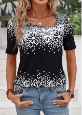 Floral Print Black Short Sleeve Asymmetrical Neck T Shirt