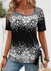 Floral Print Black Short Sleeve Asymmetrical Neck T Shirt