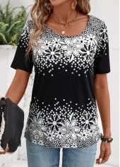 Floral Print Black Short Sleeve Asymmetrical Neck T Shirt