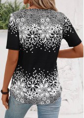 Floral Print Black Short Sleeve Asymmetrical Neck T Shirt