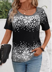 Floral Print Black Short Sleeve Asymmetrical Neck T Shirt
