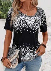 Floral Print Black Short Sleeve Asymmetrical Neck T Shirt