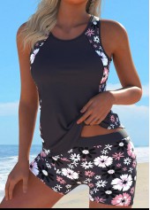 Floral Print Cut Out Gray Brown Tankini Set