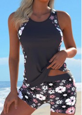 Floral Print Cut Out Gray Brown Tankini Set