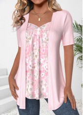 Floral Print Patchwork Light Pink Fake Two Piece Twinset