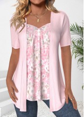 Floral Print Patchwork Light Pink Fake Two Piece Twinset