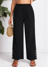 Button Black Elastic Waist High Waisted Pants