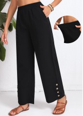 Button Black Elastic Waist High Waisted Pants