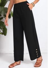 Button Black Elastic Waist High Waisted Pants