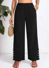 Button Black Elastic Waist High Waisted Pants